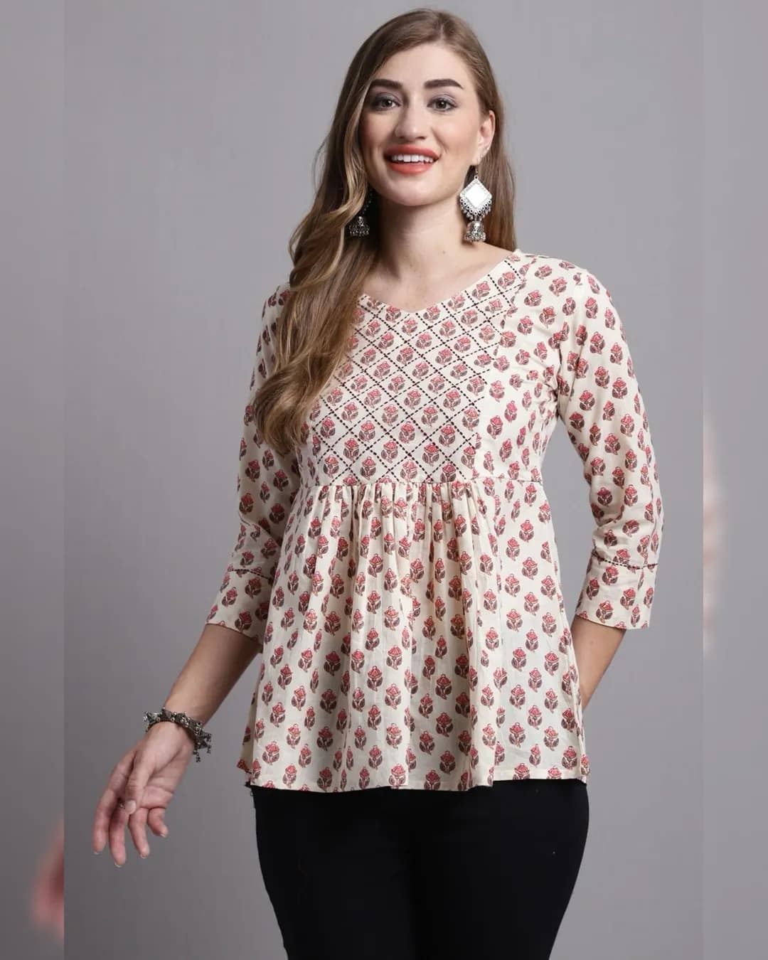 Beige Printed Cotton Short Top