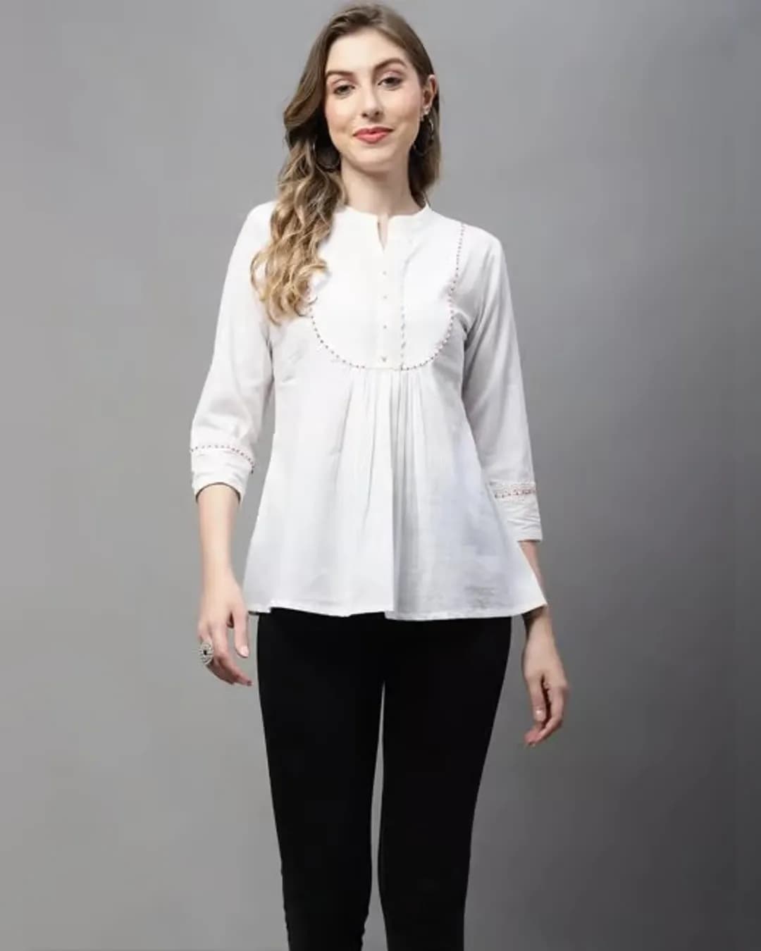 Slim Fit Cotton Short Kurti with Thread Work alternate view