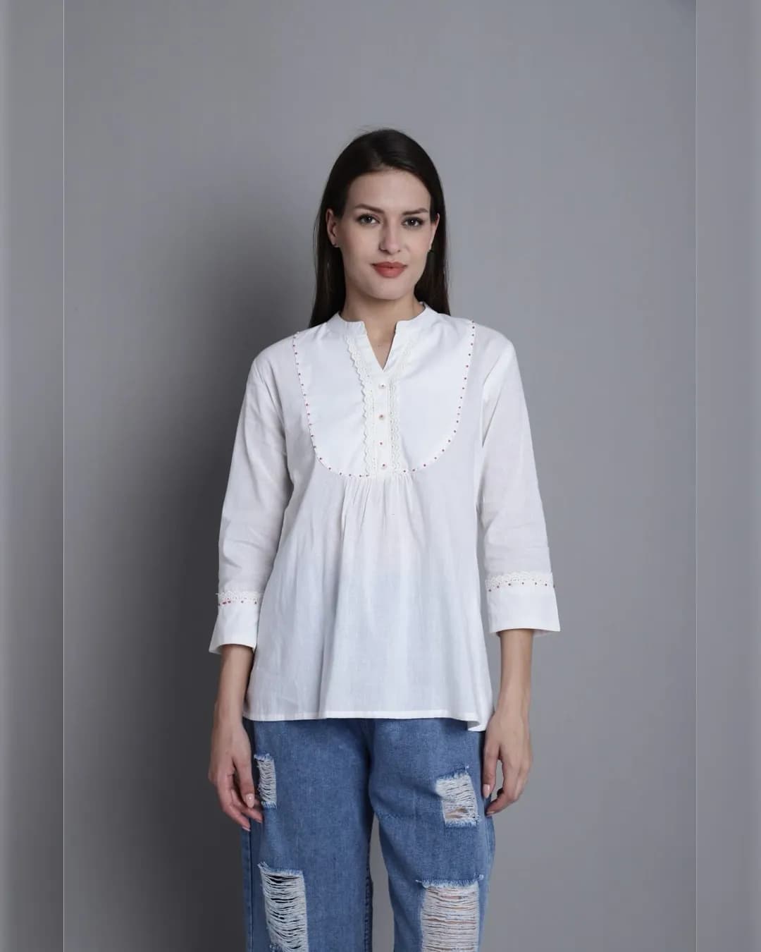Slim Fit Cotton Short Kurti with Thread Work
