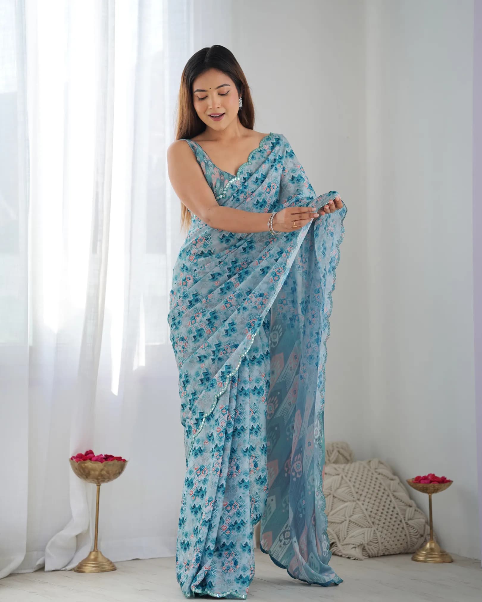 Stunning Heavy Chinnon Saree with Kutchi Mirror Lace Border & Matching Blouse Piece