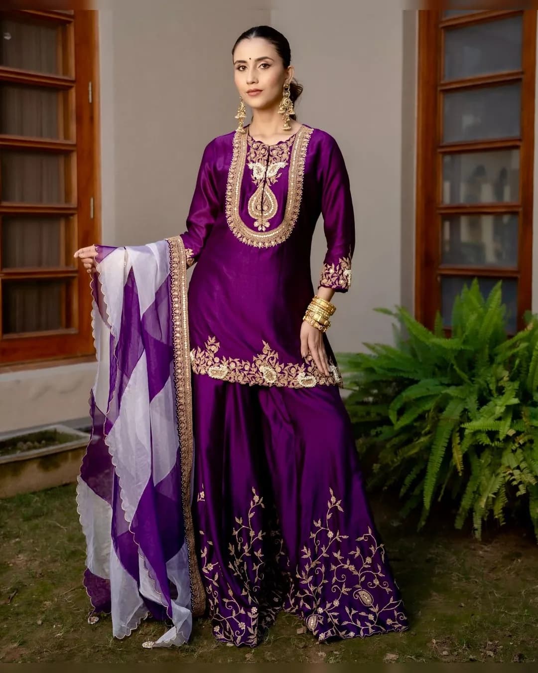 Elegant Chinon Silk Top-Sharara Set with Sequins Cording & Organza Dupatta