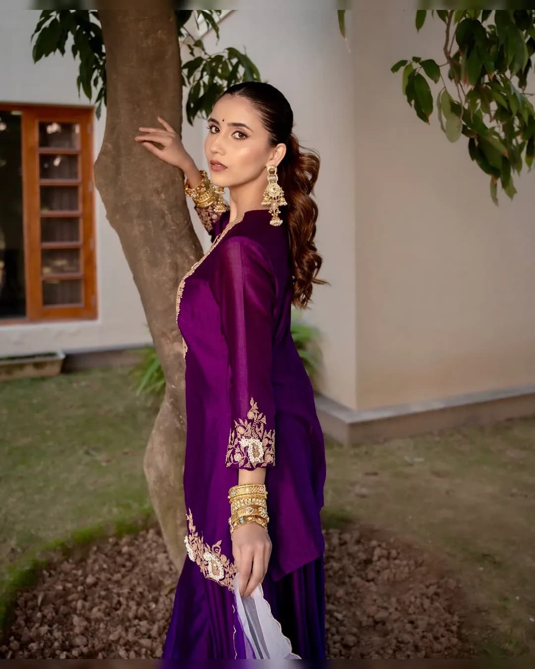 Elegant Chinon Silk Top-Sharara Set with Sequins Cording & Organza Dupatta alternate view