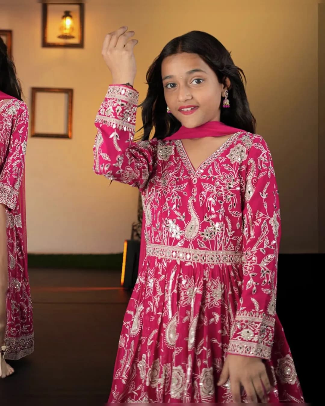 Beautiful Kids’ Fox Georgette Embroidered Gown & Net Dupatta Set alternate view