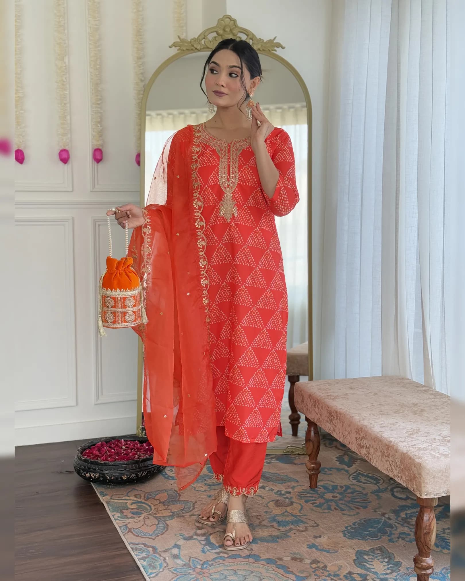Chic French Crepe Embroidered Kurta Set with Gadhwal Pant & Organza Dupatta