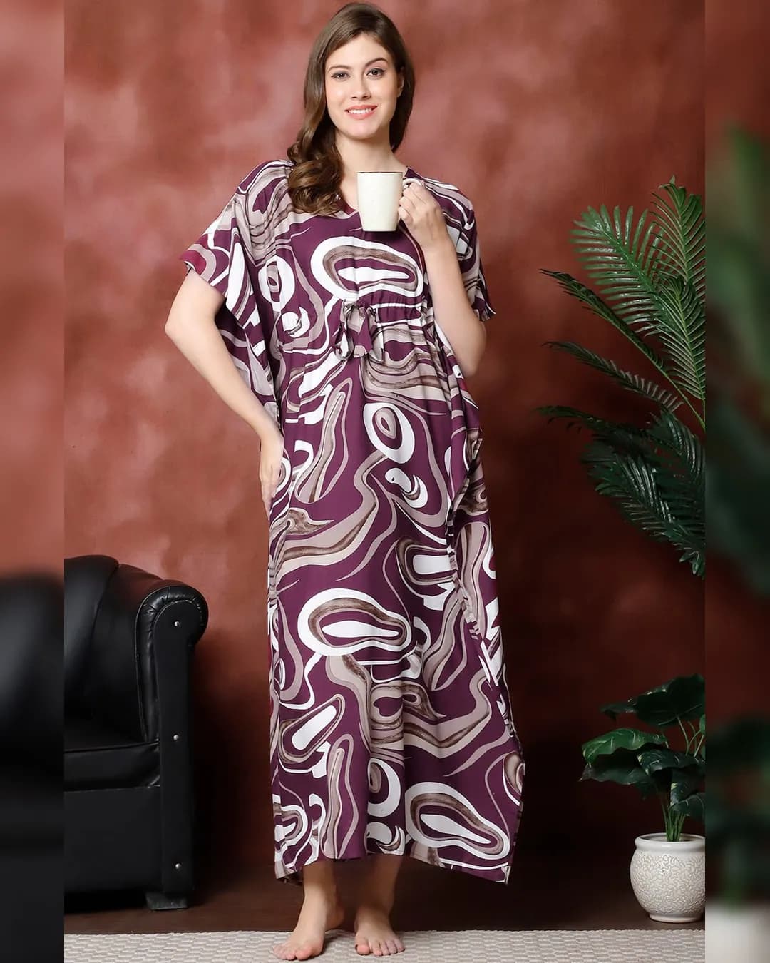 Purple Abstract Printed Viscose Rayon Maxi Kaftan