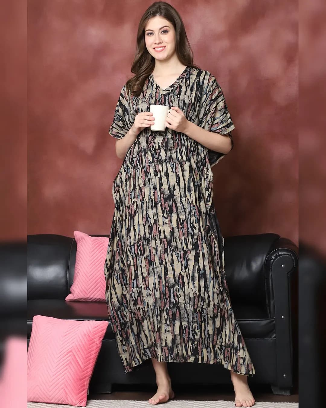 Black Abstract Printed Viscose Rayon Maxi Kaftan