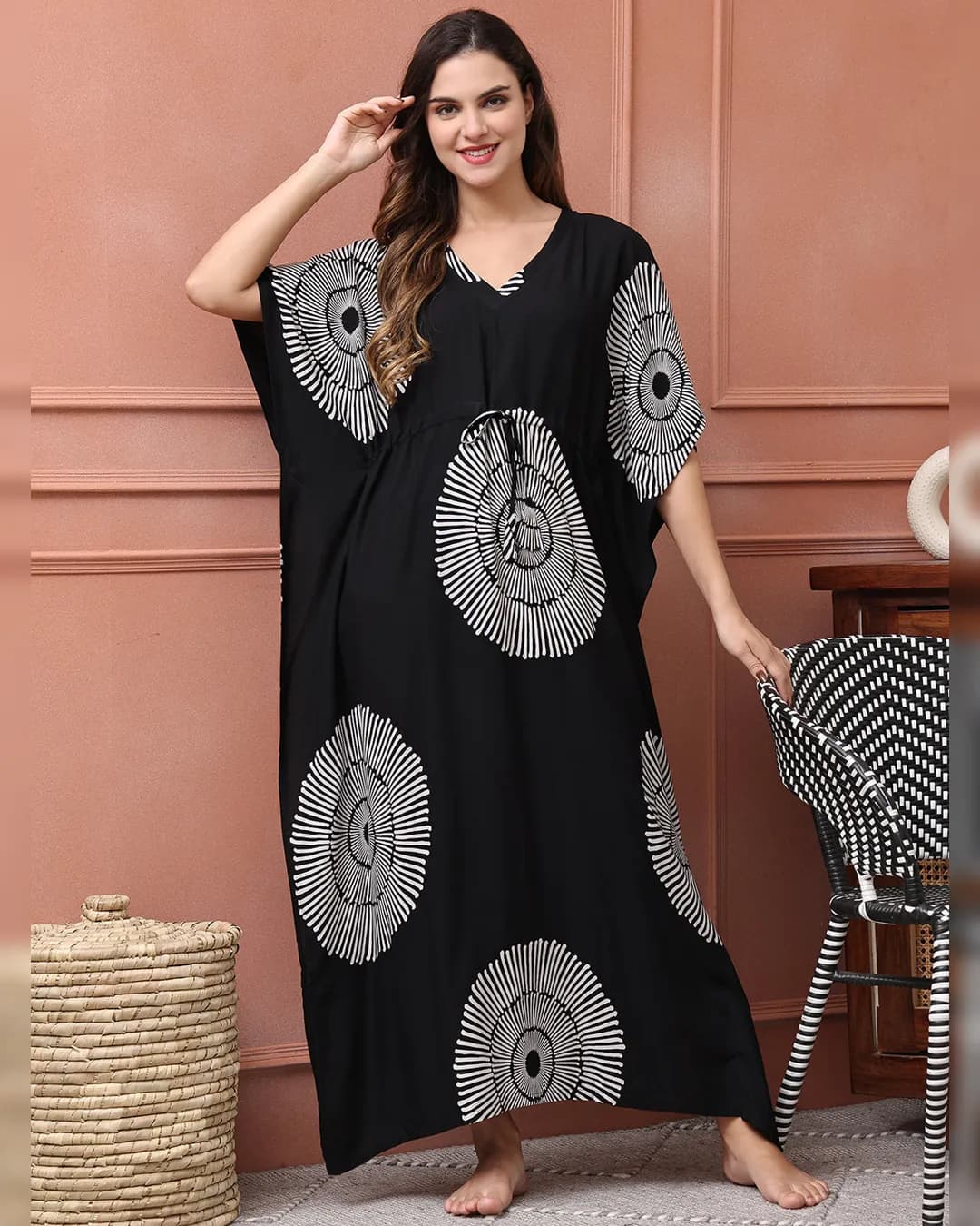 Black Abstract Printed Viscose Rayon Maxi Kaftan