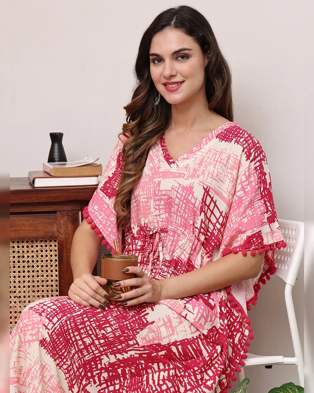Pink Colour Abstract Printed Viscose Rayon Kaftan For Women alternate view