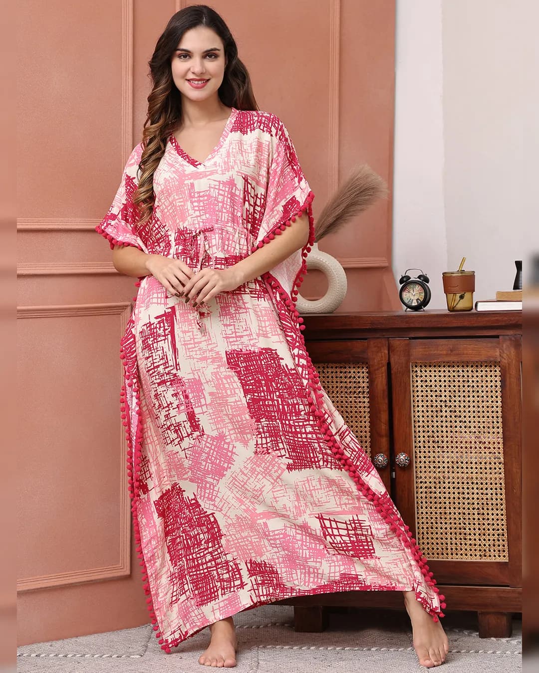Pink Colour Abstract Printed Viscose Rayon Kaftan For Women