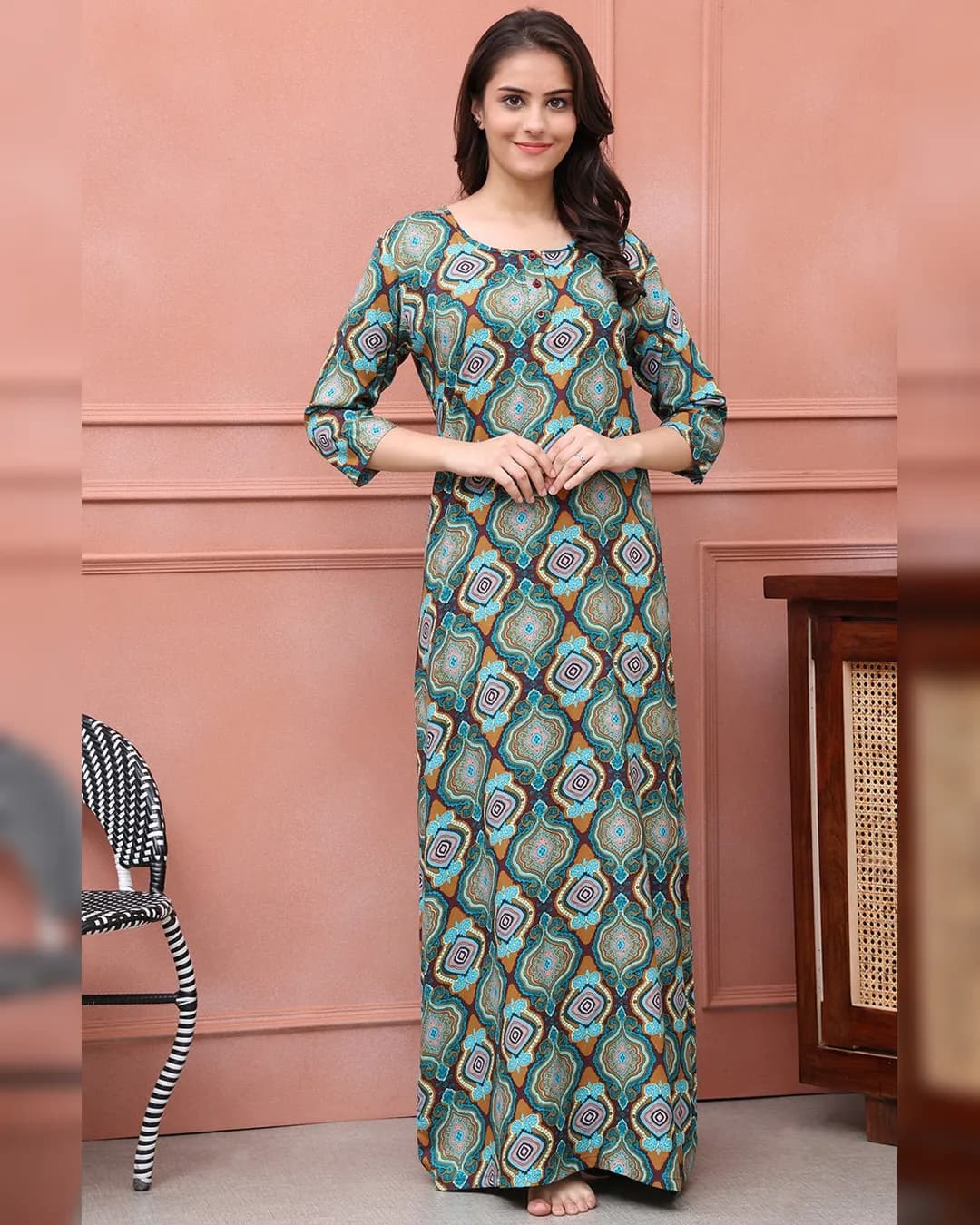 Green Abstract Printed Viscose Rayon Maxi Nightdress