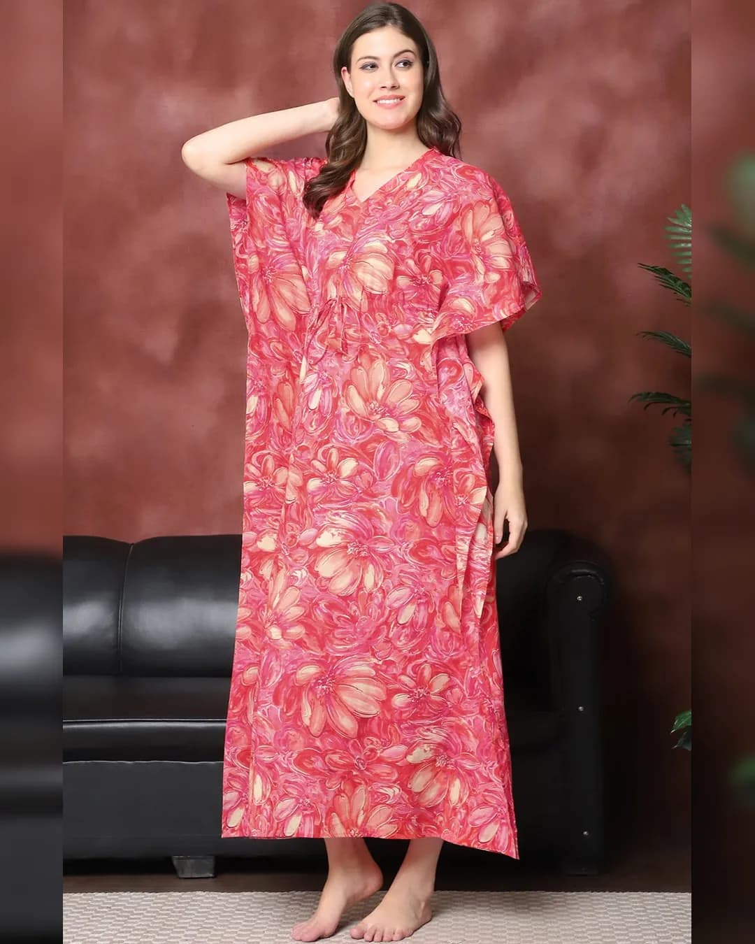 Red Floral Printed Pure Cotton Kaftan Nightdress for Women