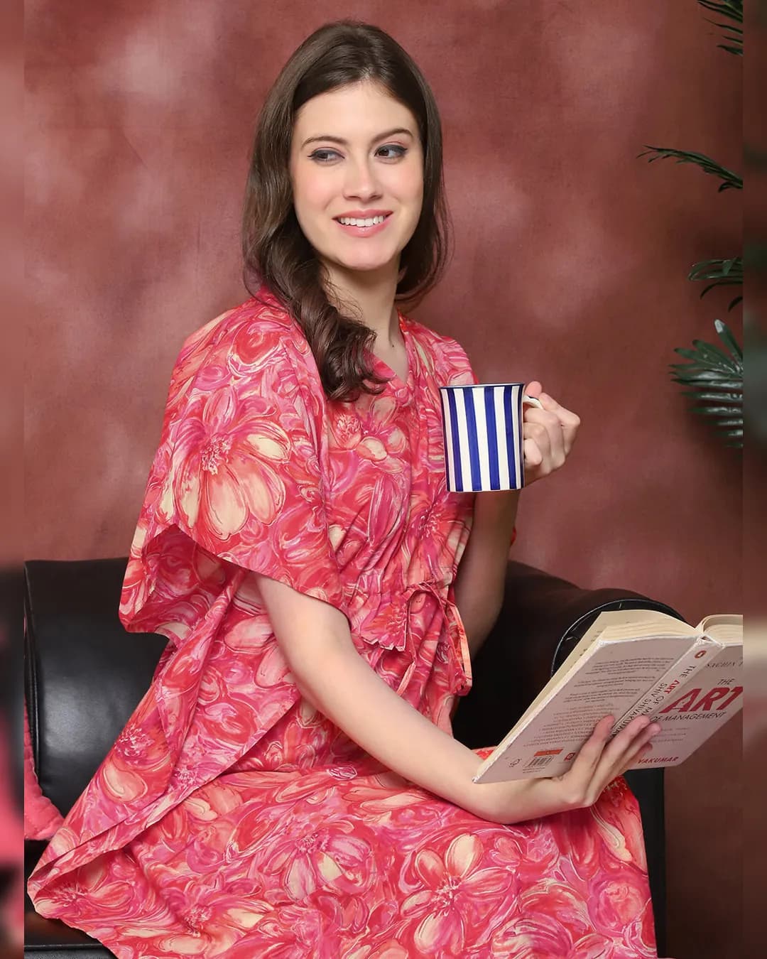 Red Floral Printed Pure Cotton Kaftan Nightdress for Women alternate view