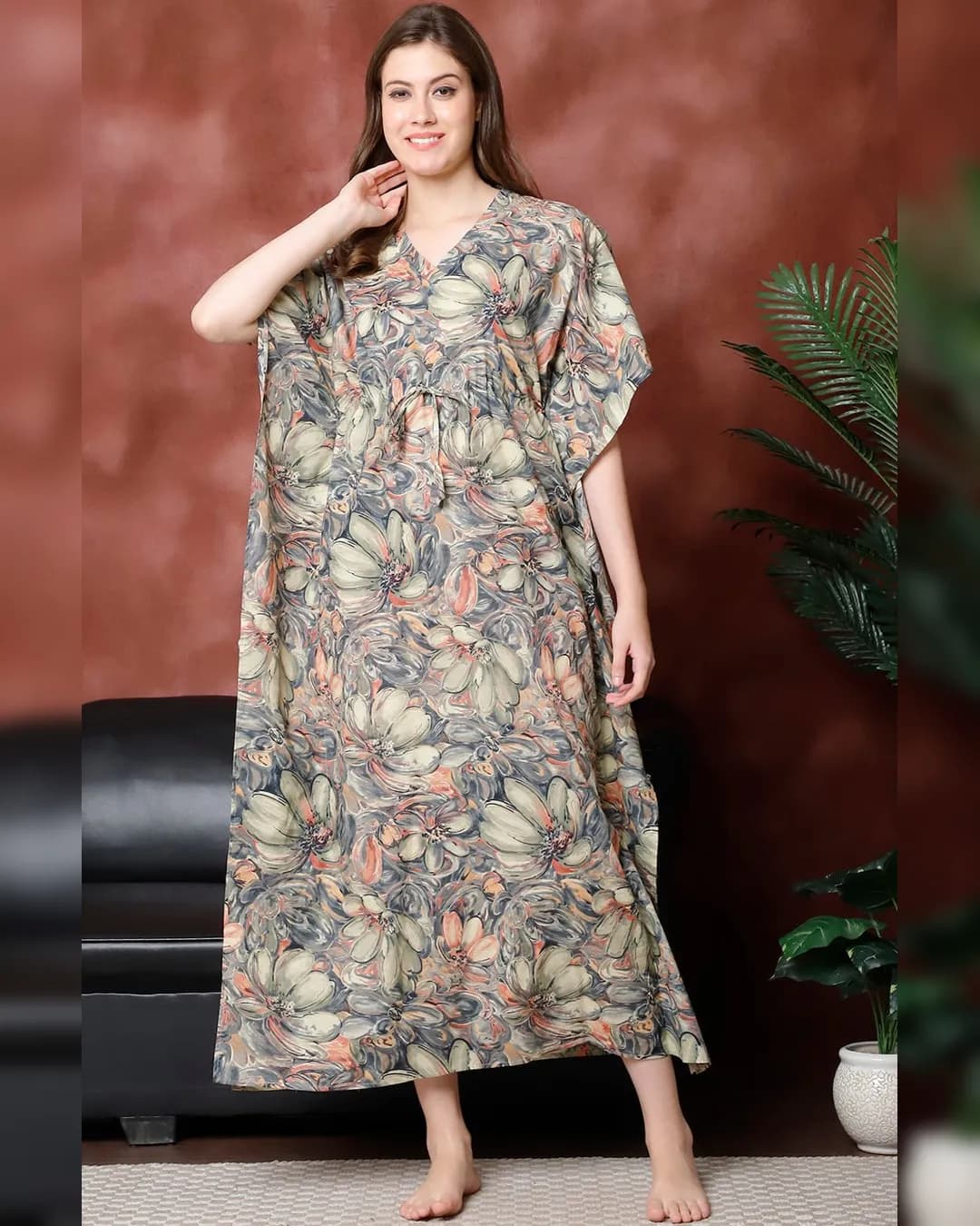 Brown Floral Printed Pure Cotton Kaftan Nightdress