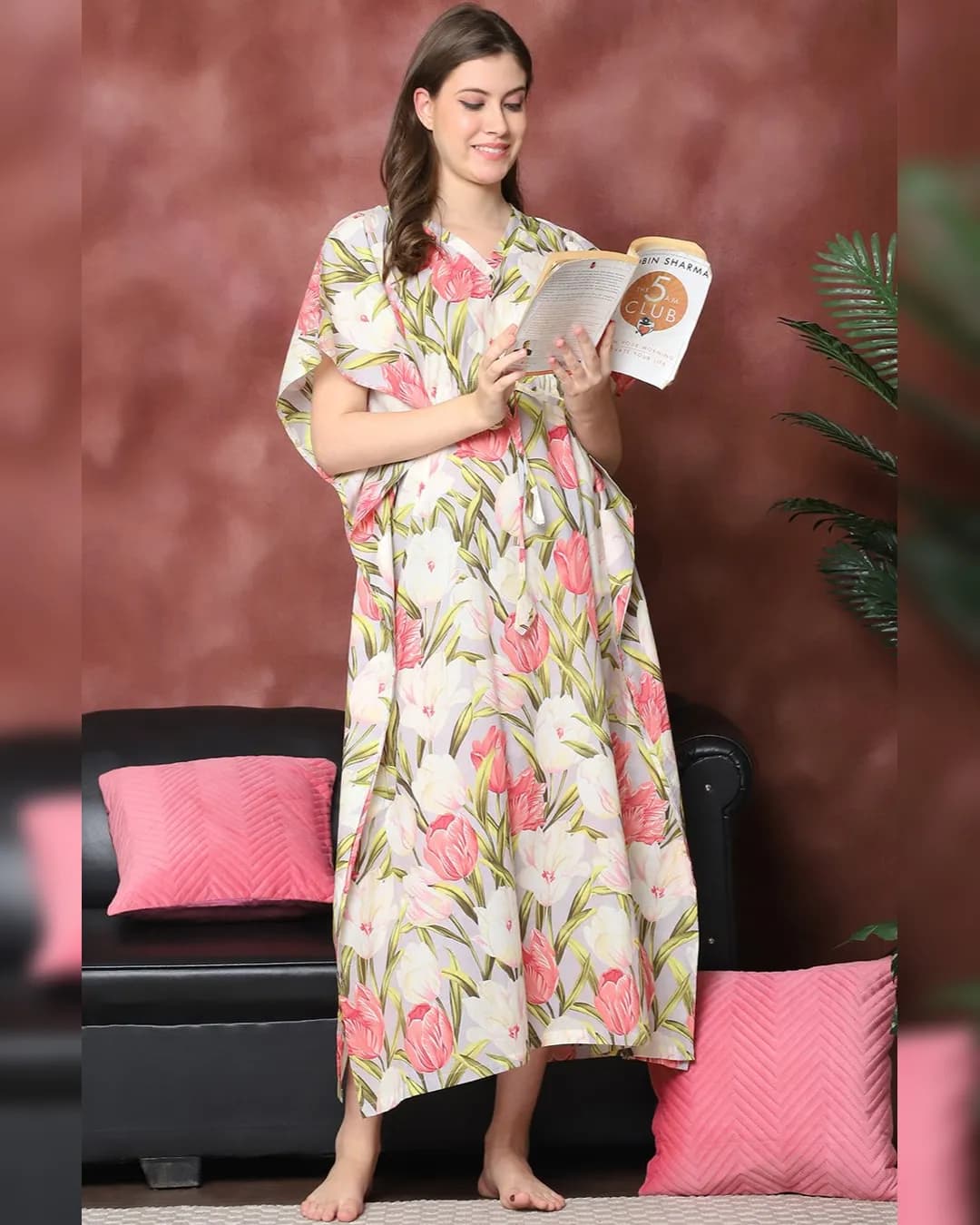 Multi-Color Floral Printed Pure Cotton Kaftan Nightdress for Women