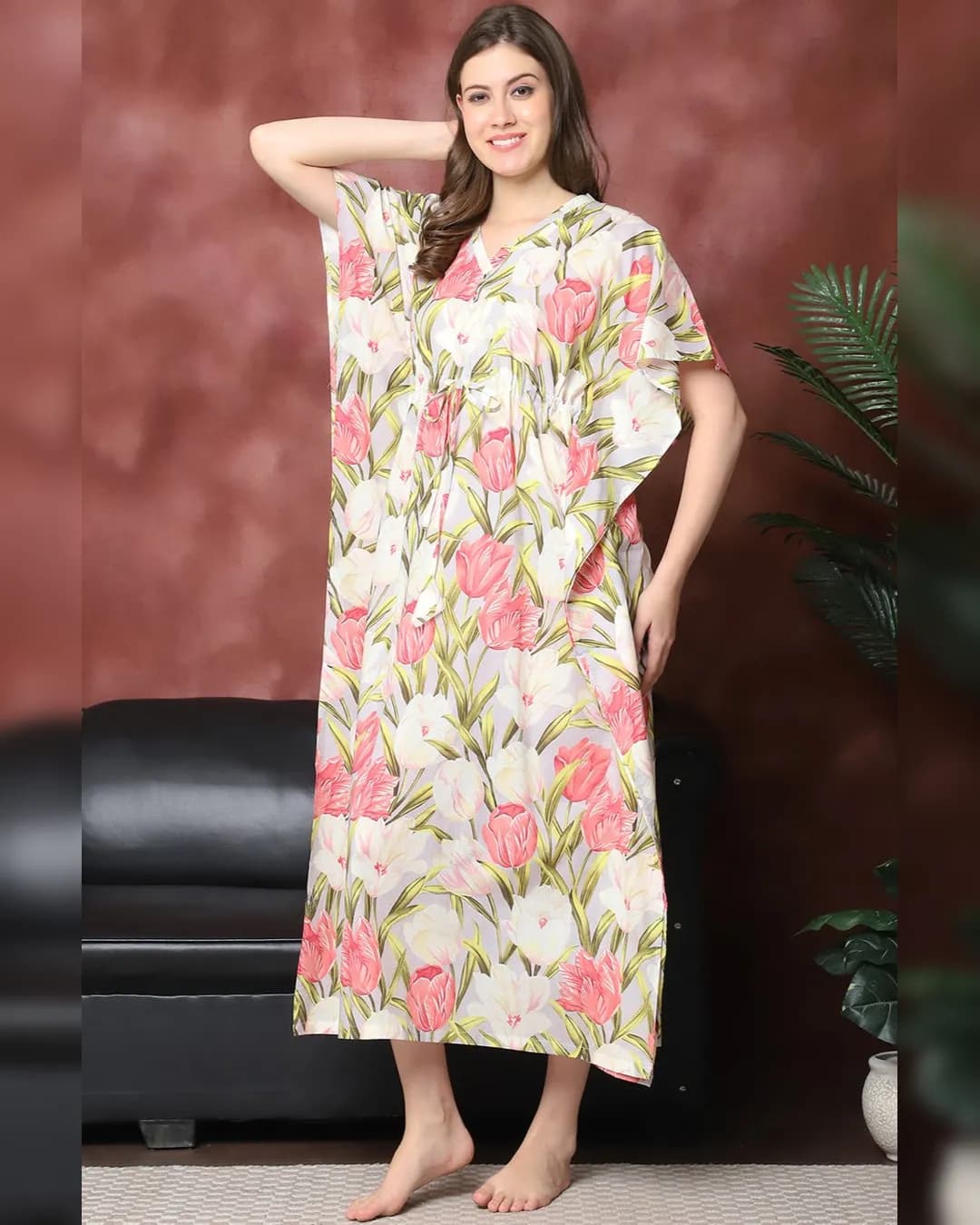 Multi-Color Floral Printed Pure Cotton Kaftan Nightdress for Women alternate view