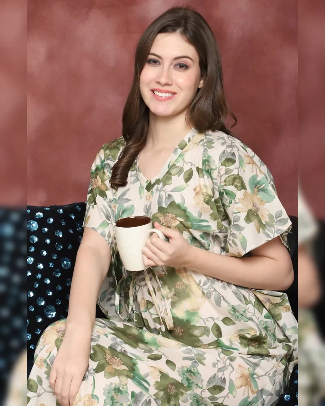 Green Floral Printed Pure Cotton Kaftan Nightdress alternate view