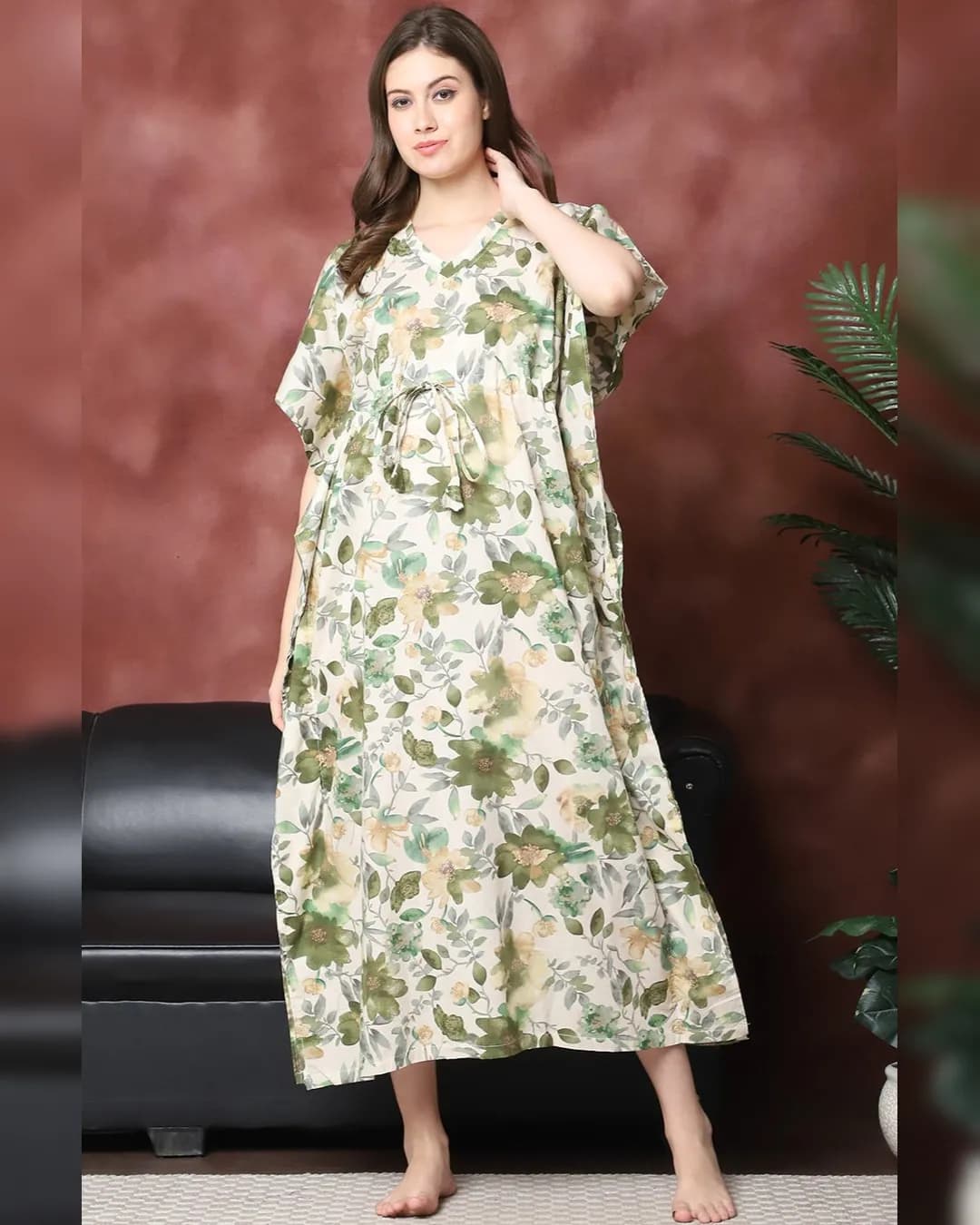 Green Floral Printed Pure Cotton Kaftan Nightdress