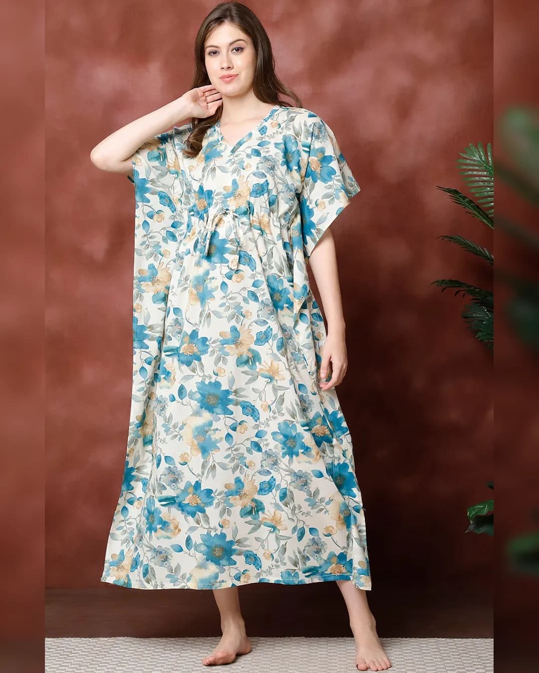 Blue Floral Printed Pure Cotton Kaftan Nightdress