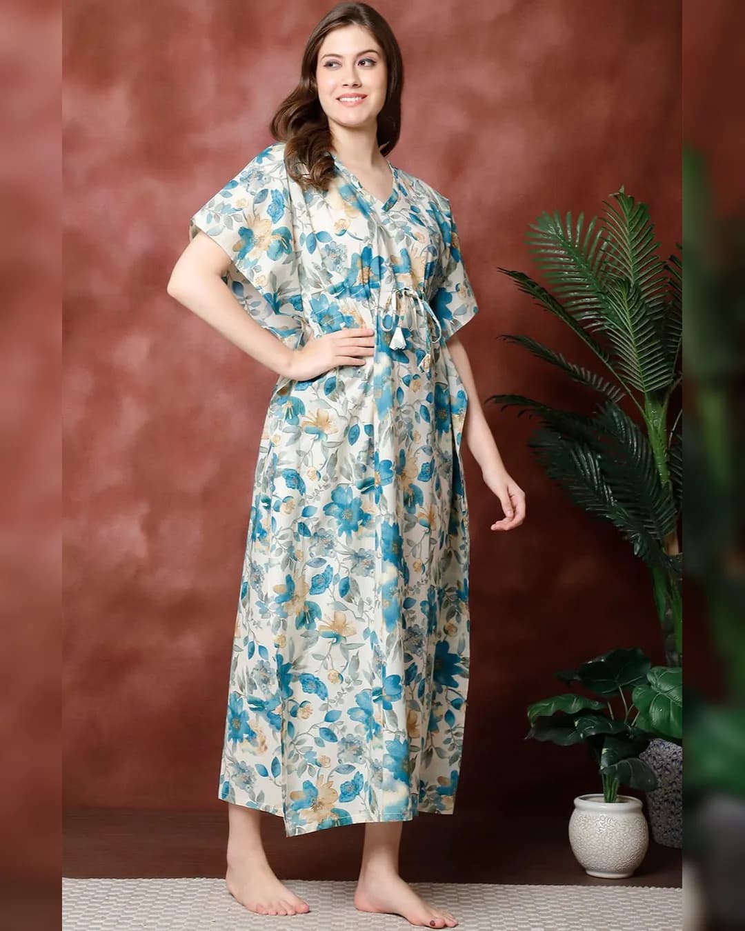 Blue Floral Printed Pure Cotton Kaftan Nightdress alternate view