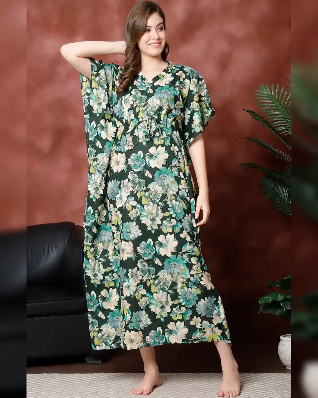 Green Floral Printed Pure Cotton Kaftan Nightdress