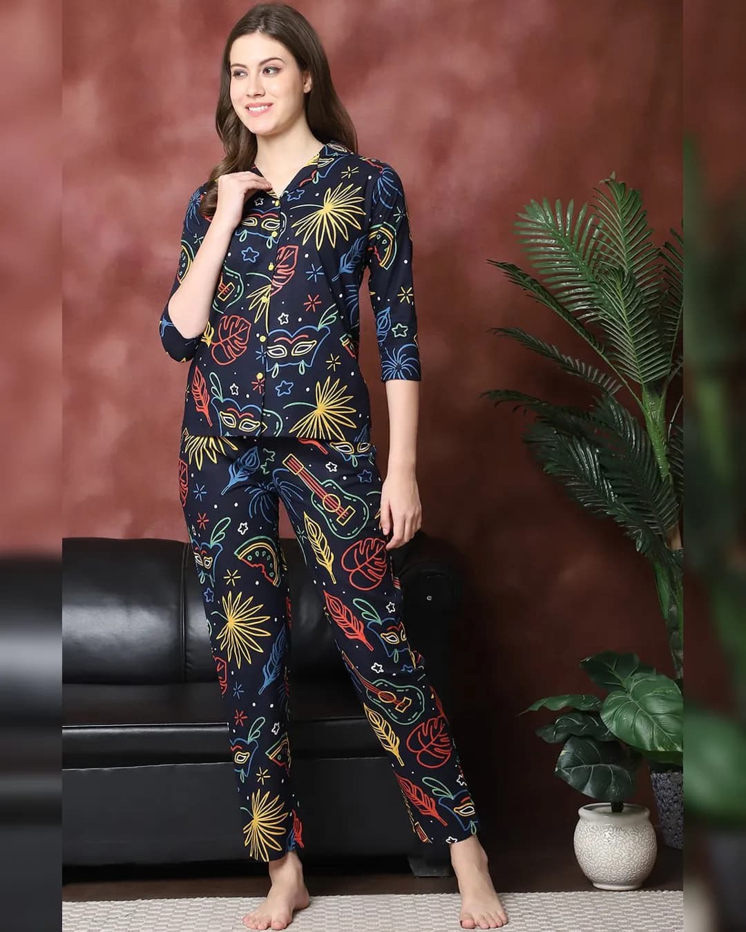 Navy Blue Floral Printed Pure Cotton Co-ord Set