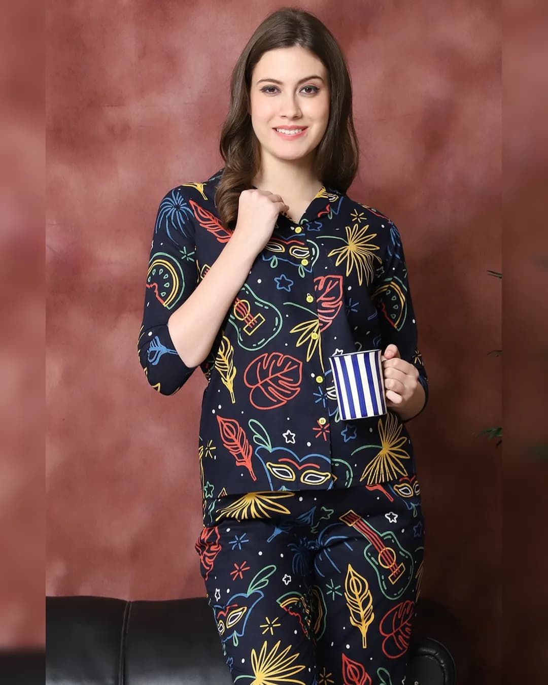 Navy Blue Floral Printed Pure Cotton Co-ord Set alternate view