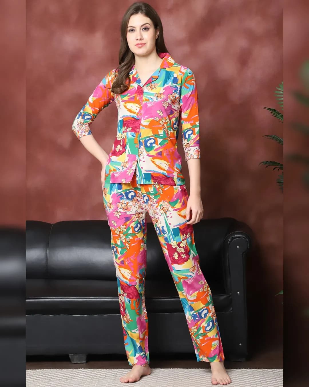 Multi-Color Abstract Printed Viscose Rayon Night Suit for Women