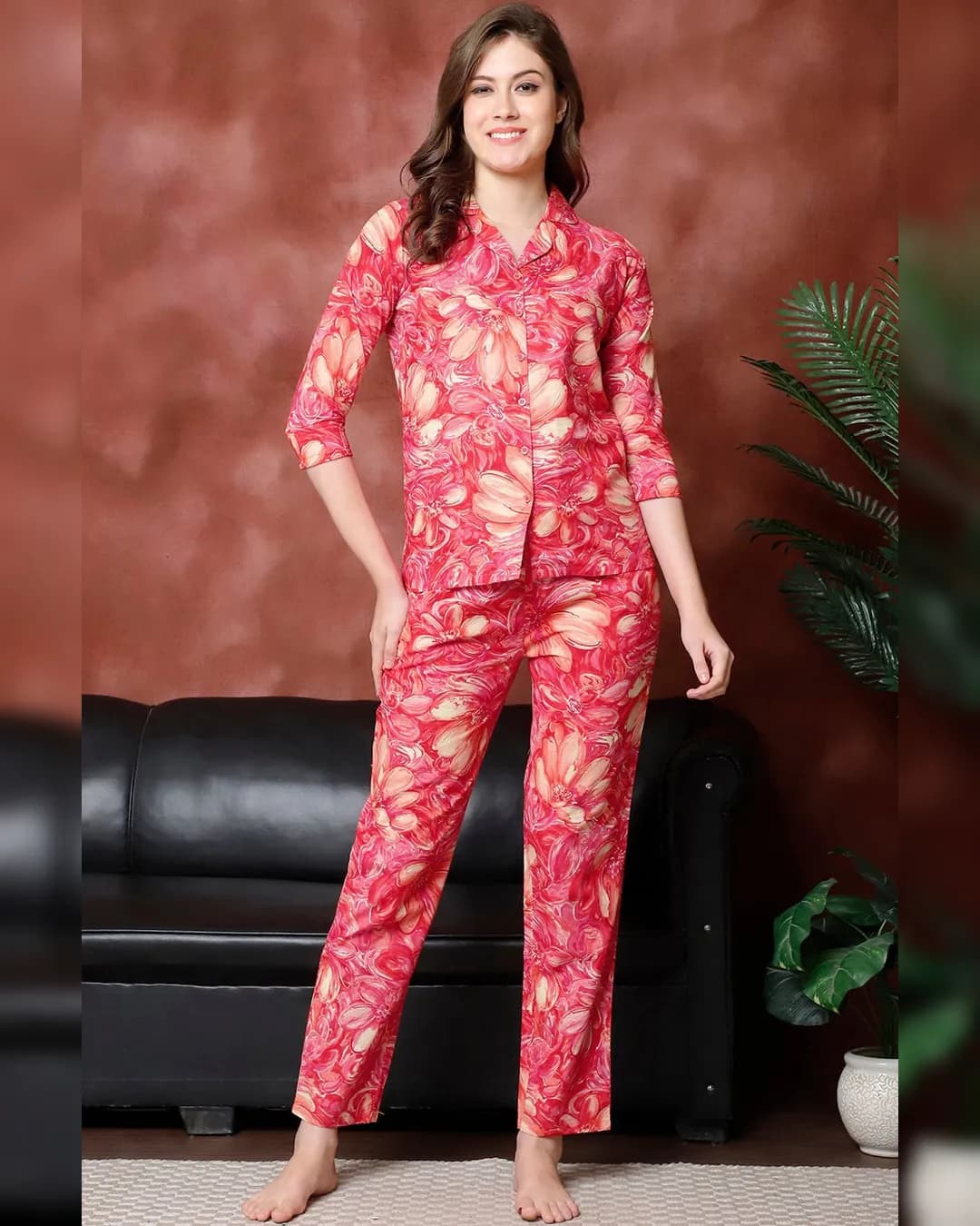 Red Floral Printed Pure Cotton Night Suit