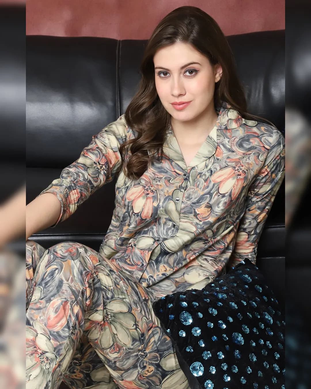 Brown Floral Printed Pure Cotton Night Suit alternate view