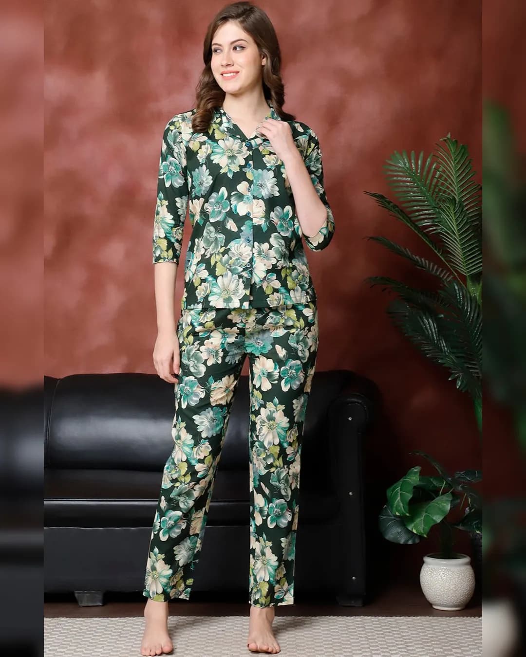 Green Floral Printed Pure Cotton Night Suit