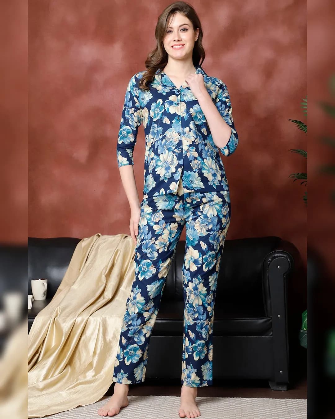 Blue Floral Printed Pure Cotton Night Suit