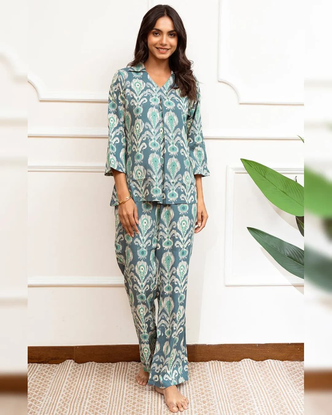 Green Abstract Printed Viscose Rayon Night Suit