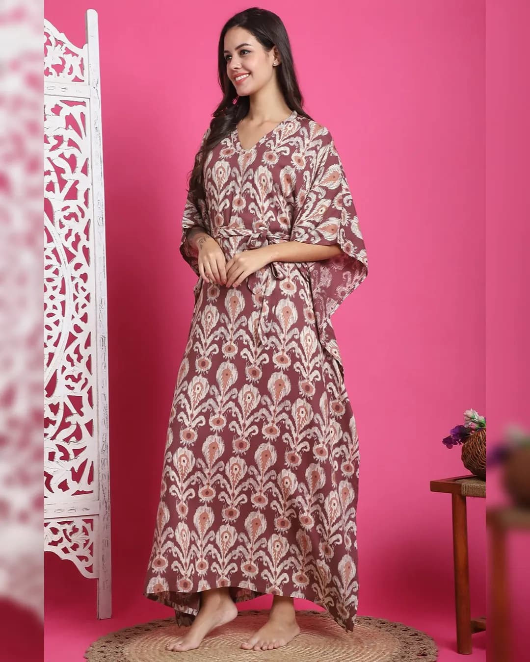 Mauve Color Abstract Printed Viscose Rayon Kaftan For Women