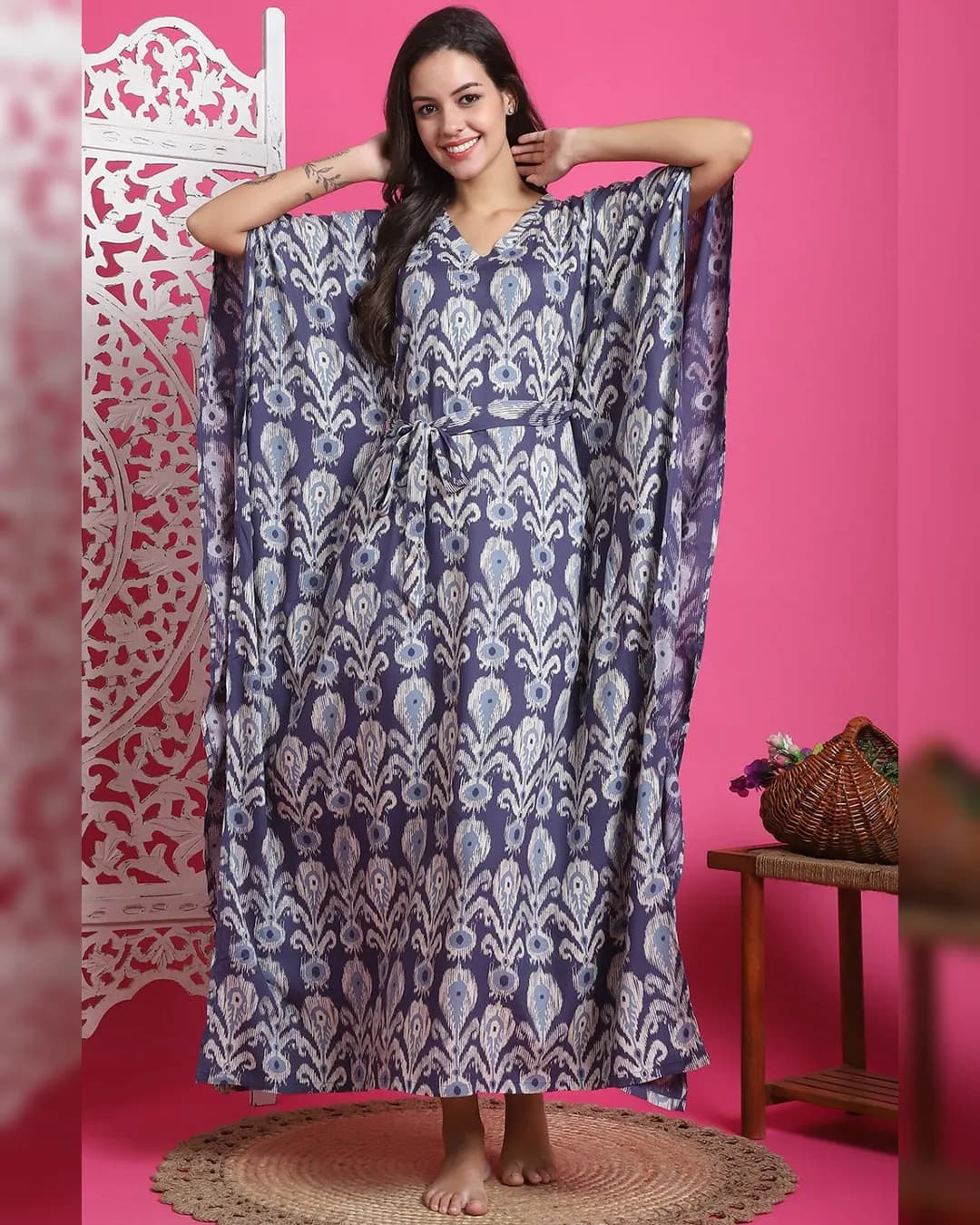 Blue Color Abstract Printed Viscose Rayon Kaftan For Women