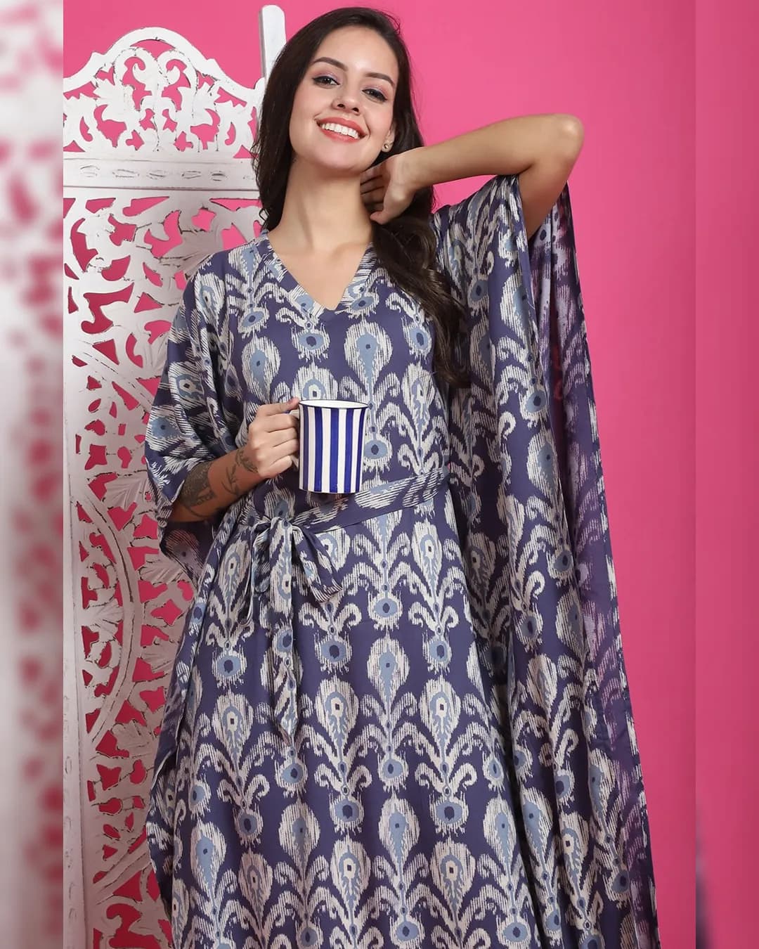 Blue Color Abstract Printed Viscose Rayon Kaftan For Women alternate view