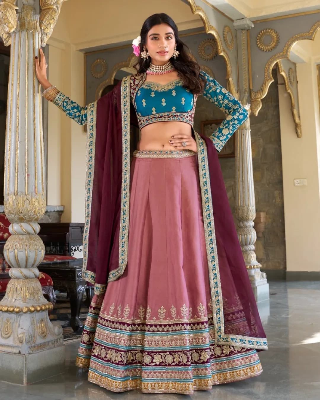 Designer Moonga Silk Embroidered Lehenga Choli with Organza Dupatta
