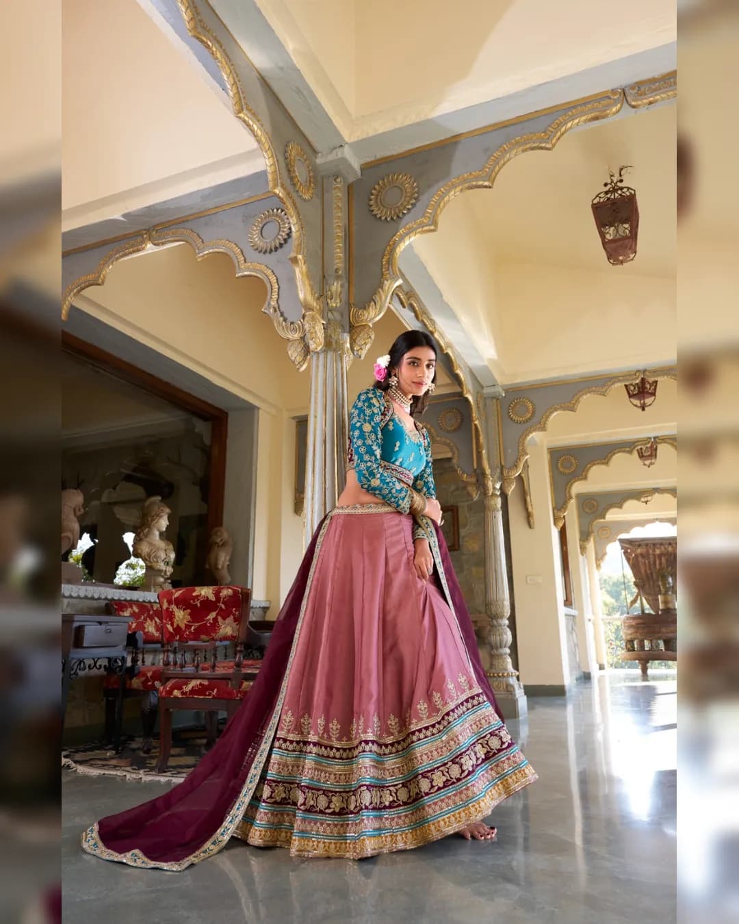 Designer Moonga Silk Embroidered Lehenga Choli with Organza Dupatta alternate view