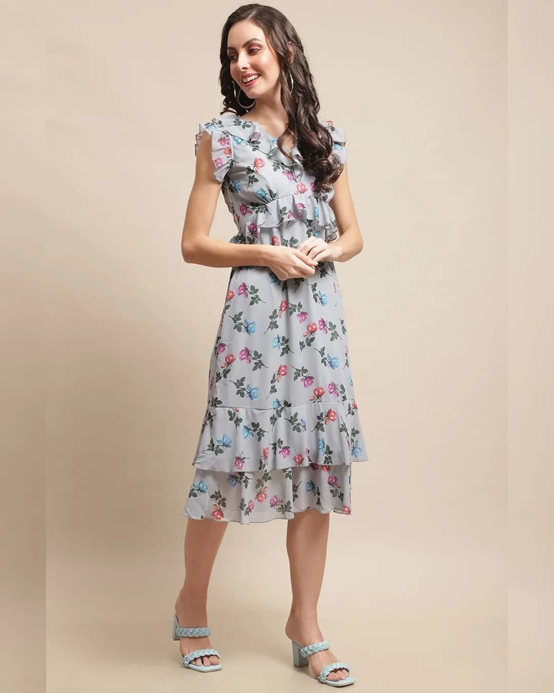 Whispering Petals Grey Floral A-Line Dress - Effortless Charm and Grace alternate view