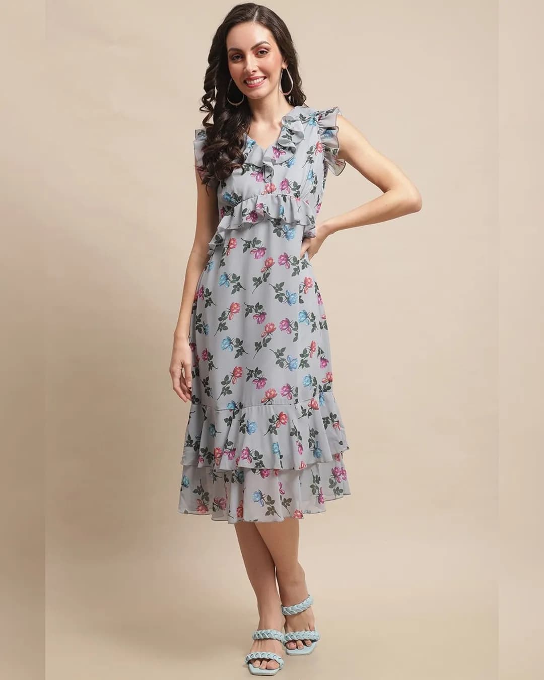 Whispering Petals Grey Floral A-Line Dress - Effortless Charm and Grace