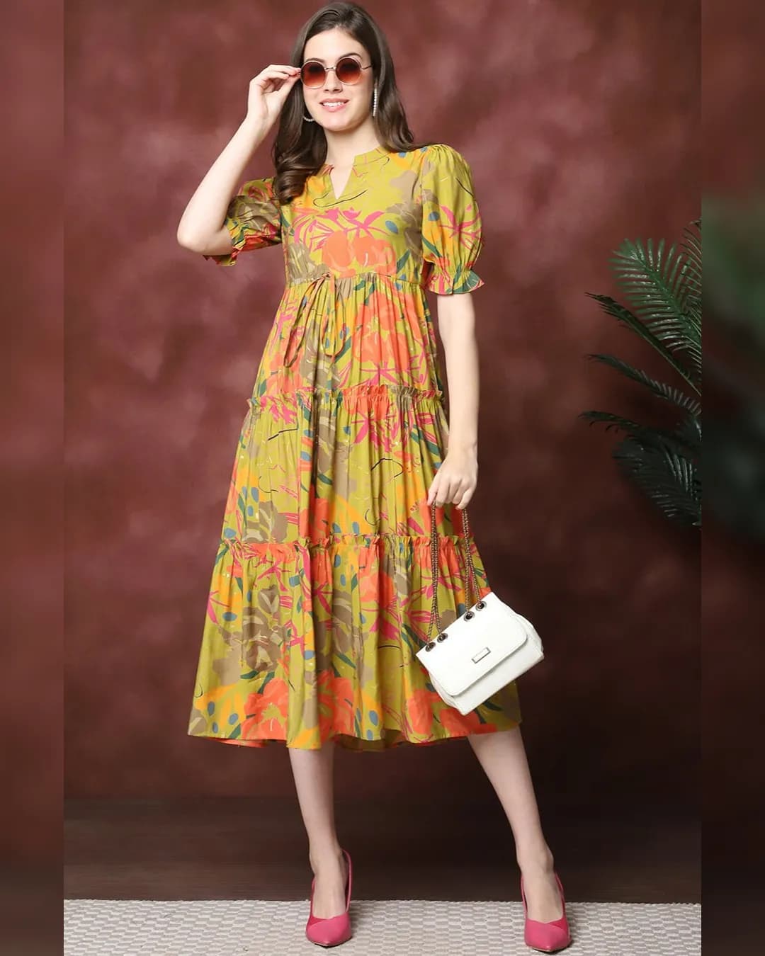 Mustard Floral Printed Chanderi Silk Fit & Flare Midi Dress