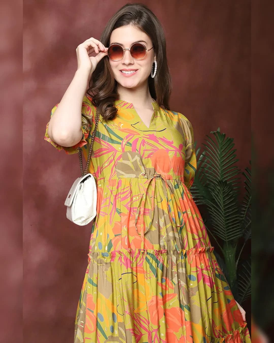 Mustard Floral Printed Chanderi Silk Fit & Flare Midi Dress alternate view