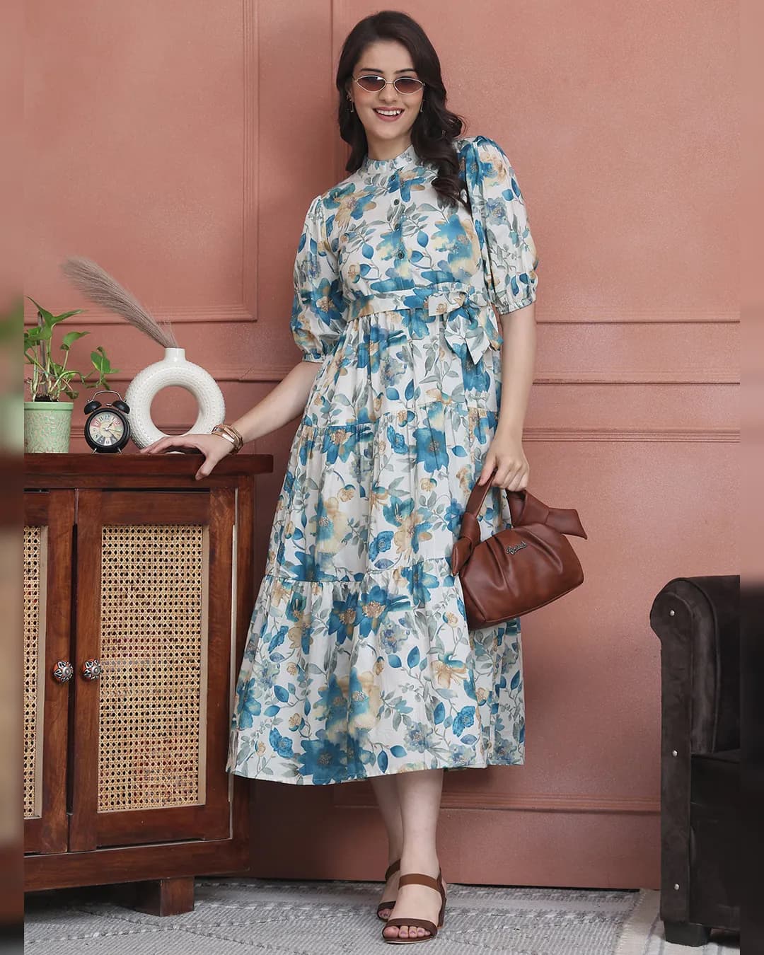Blue Floral Printed Pure Cotton Dress with Round Neck & 3/4 Sleeves