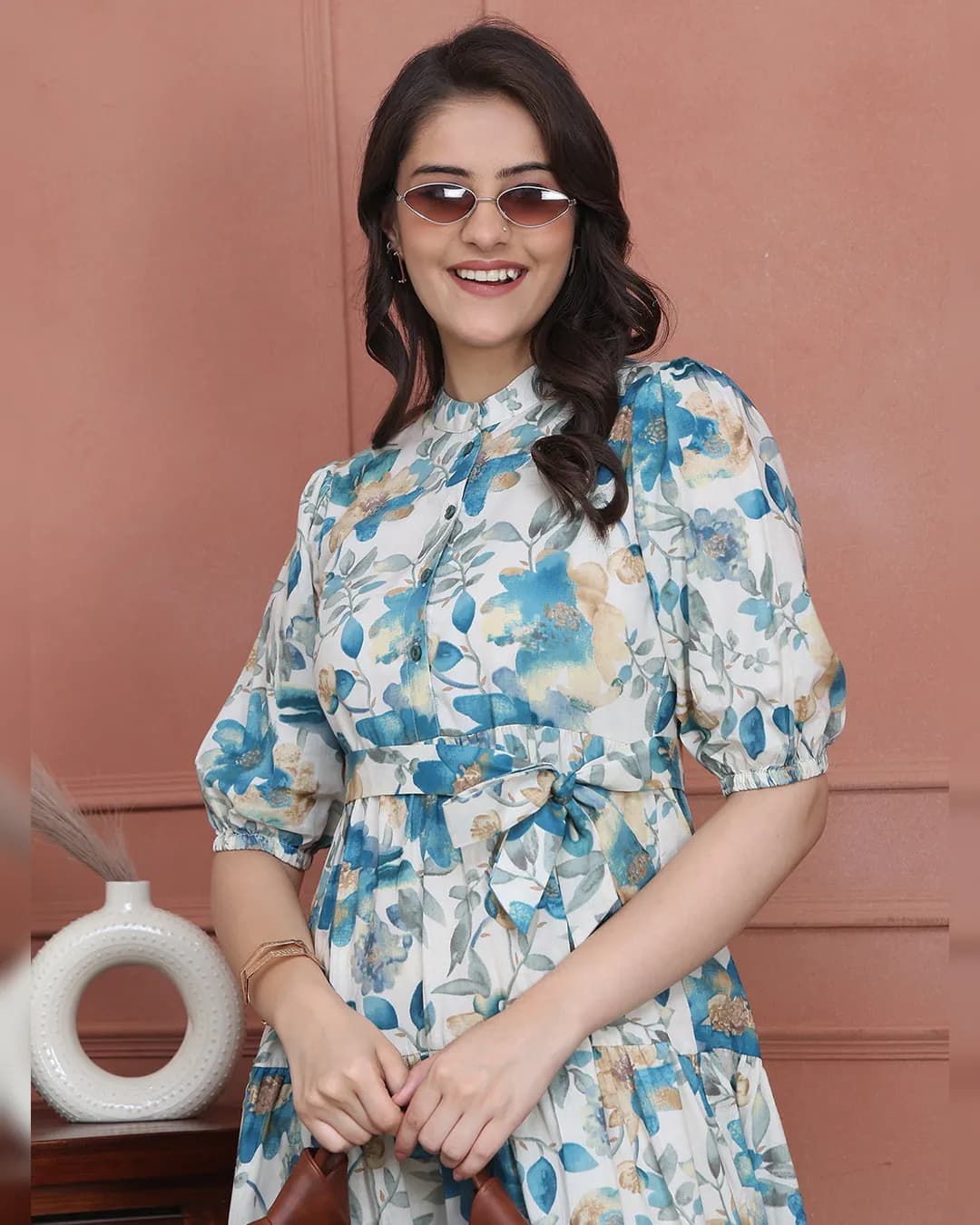 Blue Floral Printed Pure Cotton Dress with Round Neck & 3/4 Sleeves alternate view