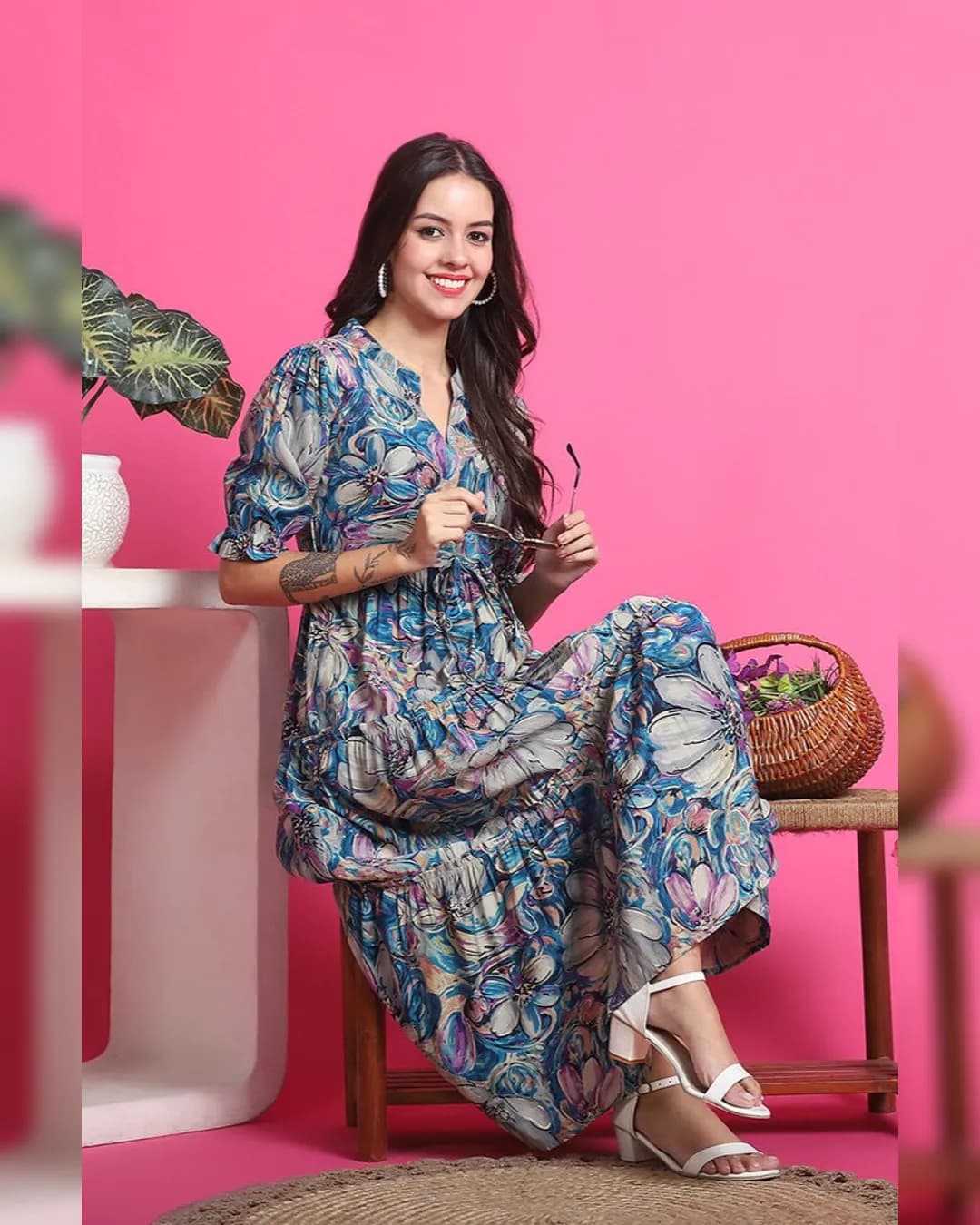 Blue Color Floral Printed Premium Chanderi Dress For Women alternate view
