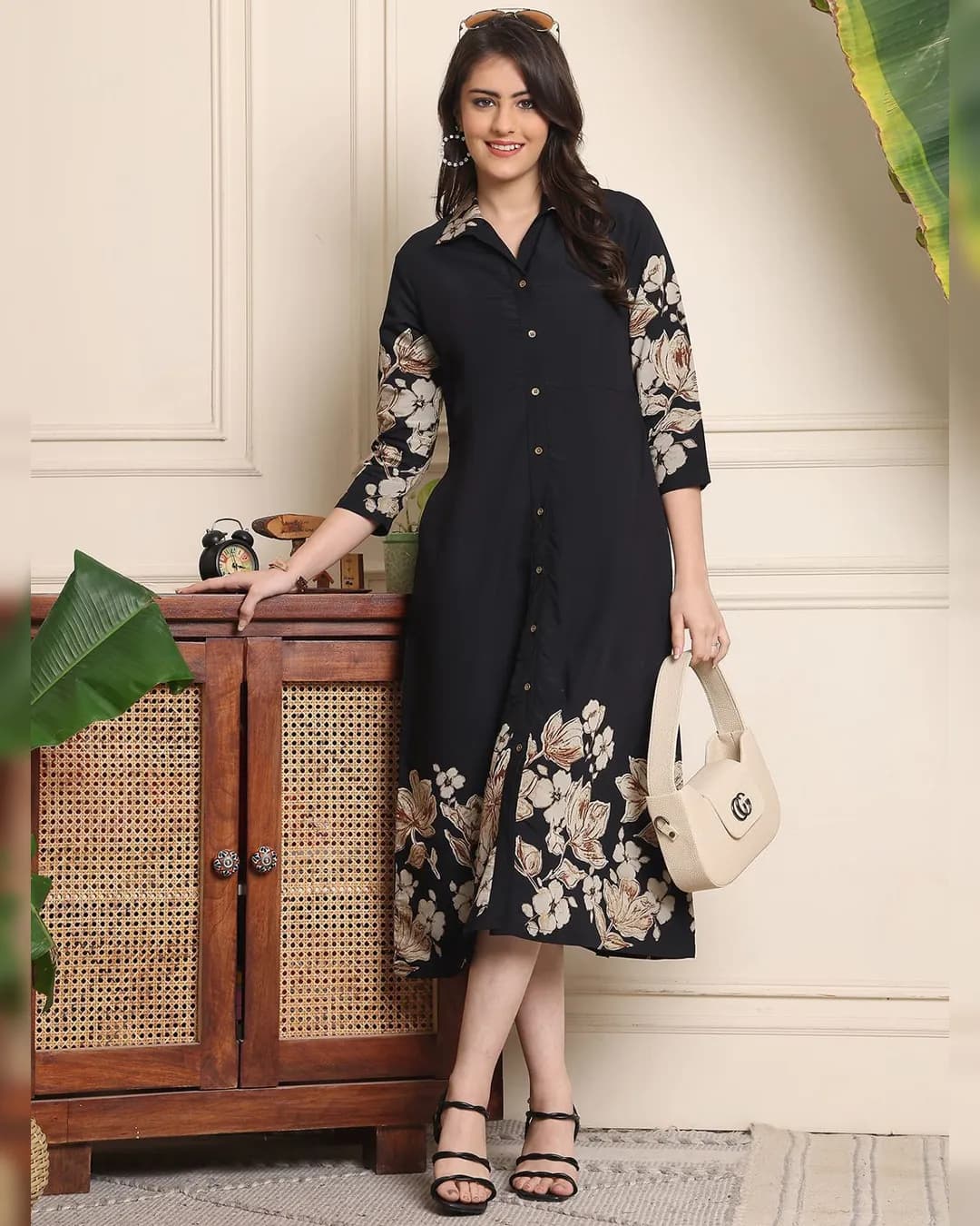 Elegant Black Floral Printed Chanderi Silk A-Line Midi Dress