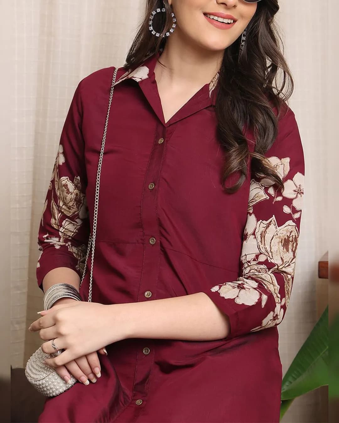 Graceful Wine Floral Printed Chanderi Silk A-Line Midi Dress alternate view