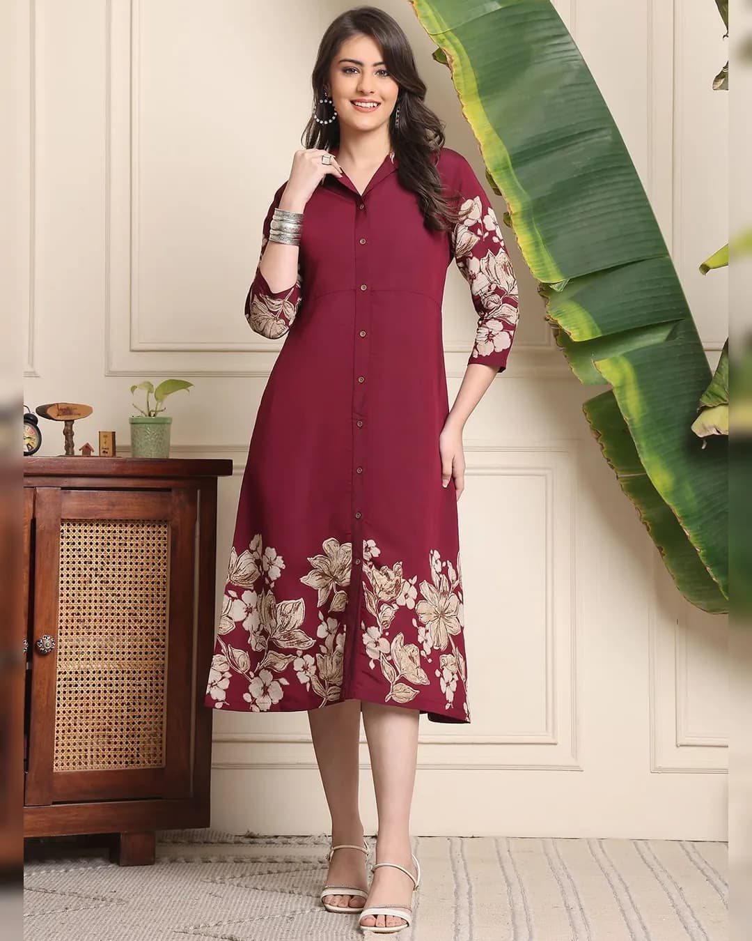 Graceful Wine Floral Printed Chanderi Silk A-Line Midi Dress