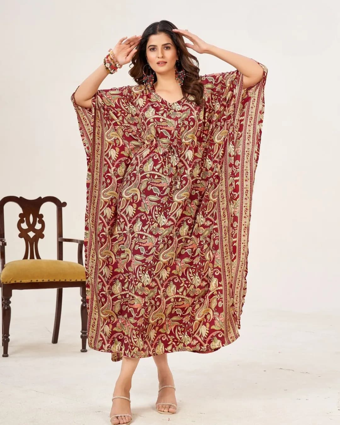 Trendy Printed Long Kaftan in Soft French Crape