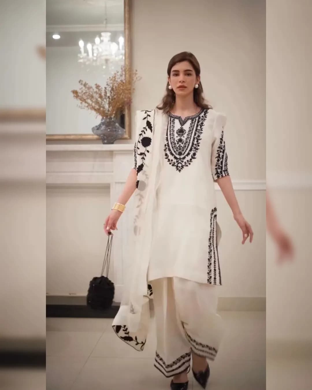 Designer Party Wear Pure Natural Crepe Top & Farshi Palazzo Set with Embroidered Organza Dupatta alternate view