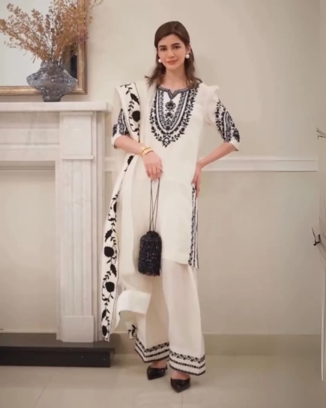 Designer Party Wear Pure Natural Crepe Top & Farshi Palazzo Set with Embroidered Organza Dupatta